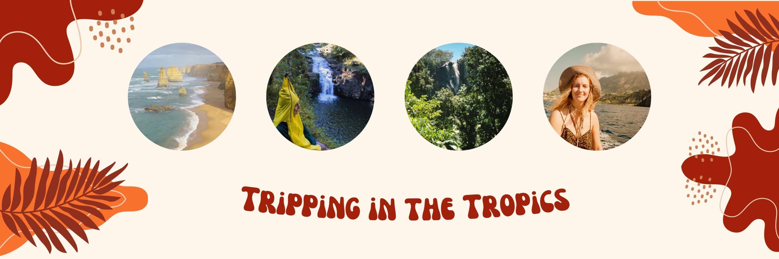 Tripping in the Tropics homepage banner with blog title and four small images of Tasha traveling
