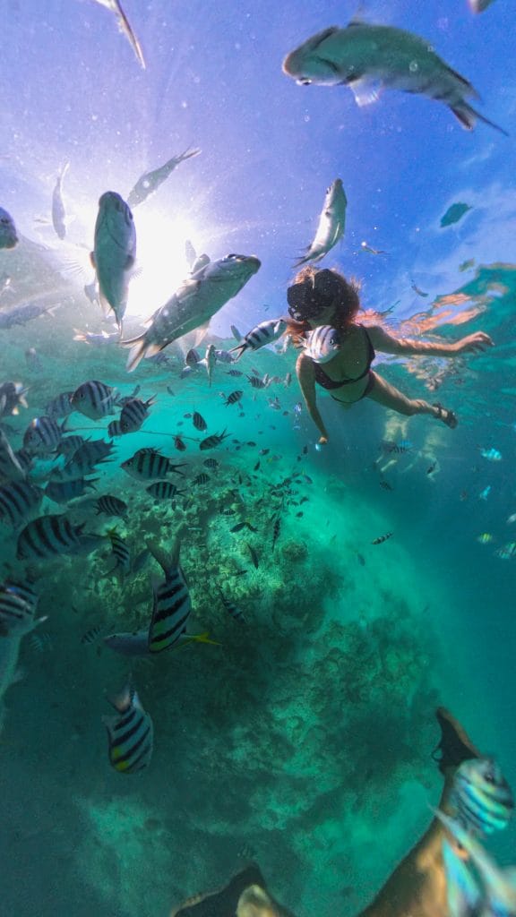 Underwater view of me wearing Teva sandals swimming with fish in clear blue water.