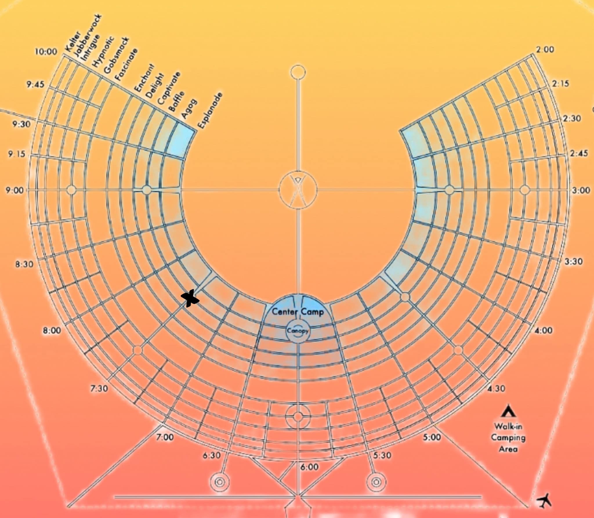 Bird's eye view layout of Burning Man festival, marked with a camp address.