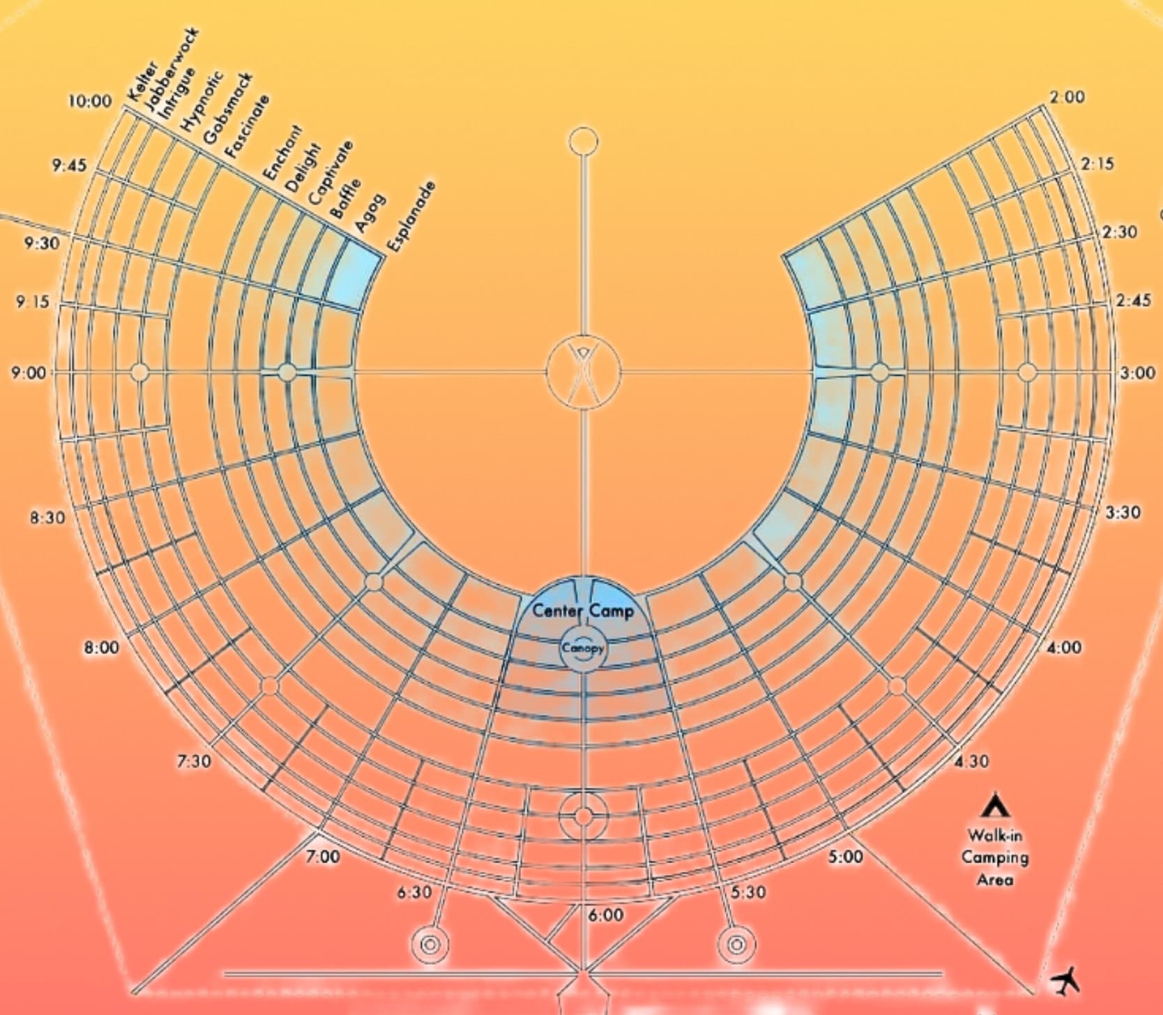 Bird's eye view map of the layout of Black Rock City with street names, Center camp, and clock numbers.