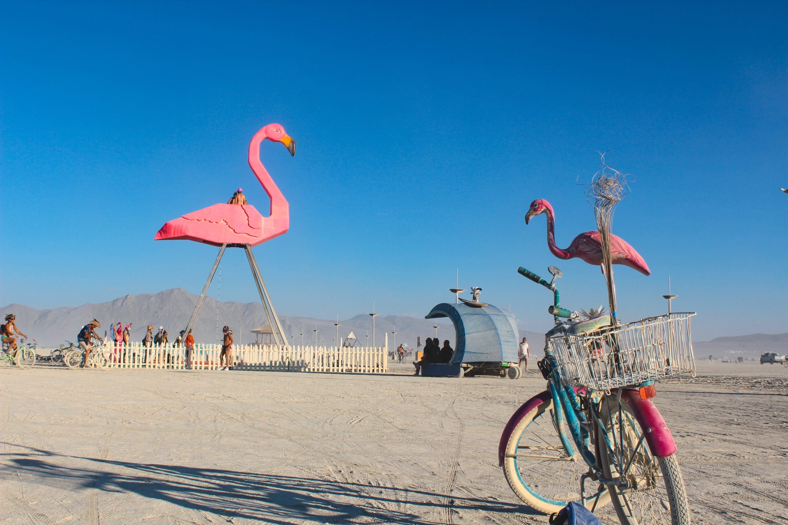 A pink and blue beach cruiser bike with a plastic flamingo on it at Burning Man. A giant pink flamingo art installation in the distance that matches the flamingo on the bike.