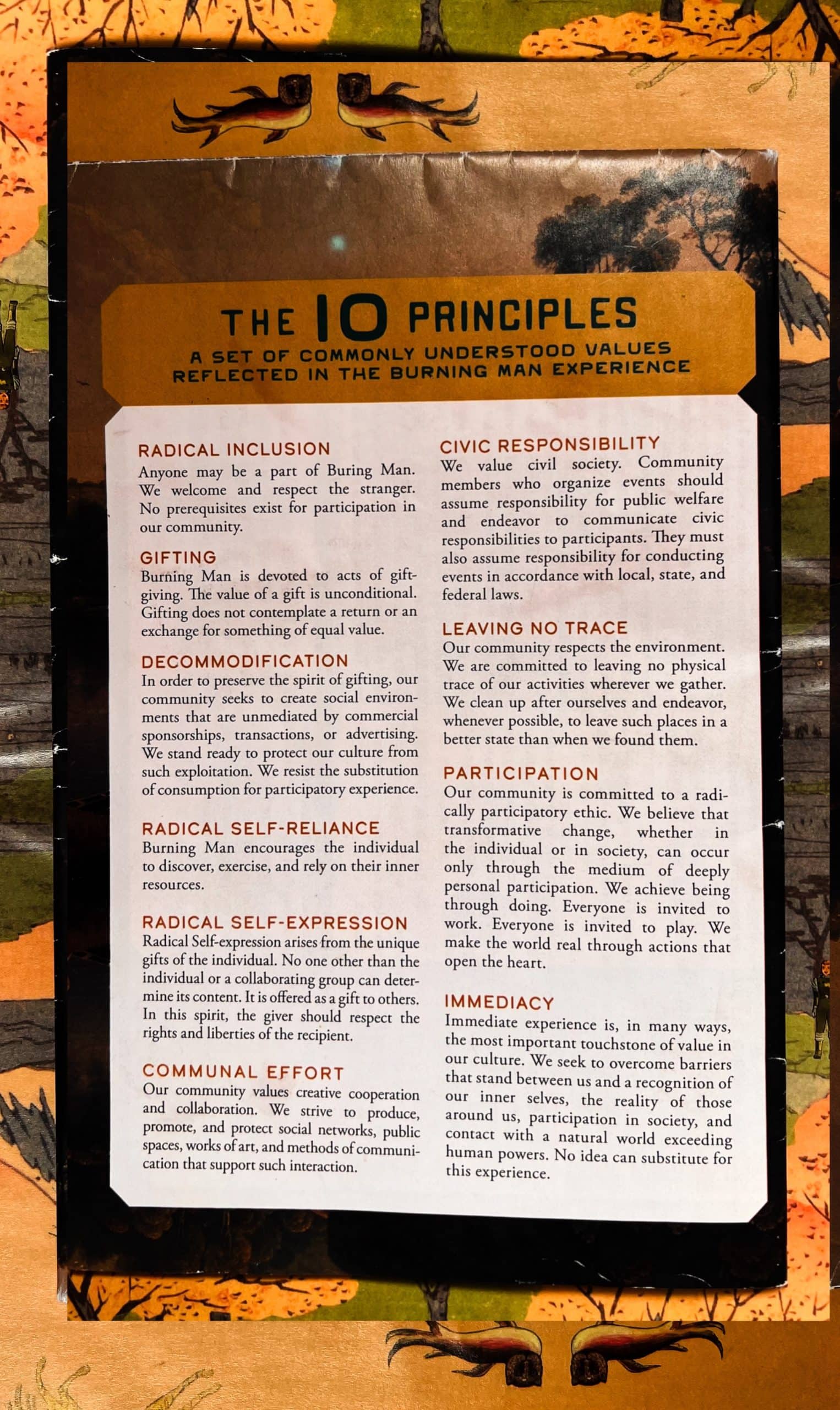 Printed page of the 2025 Survival Guide of Burning Man showing the 10 Principles. Design by Arin Fishkin.