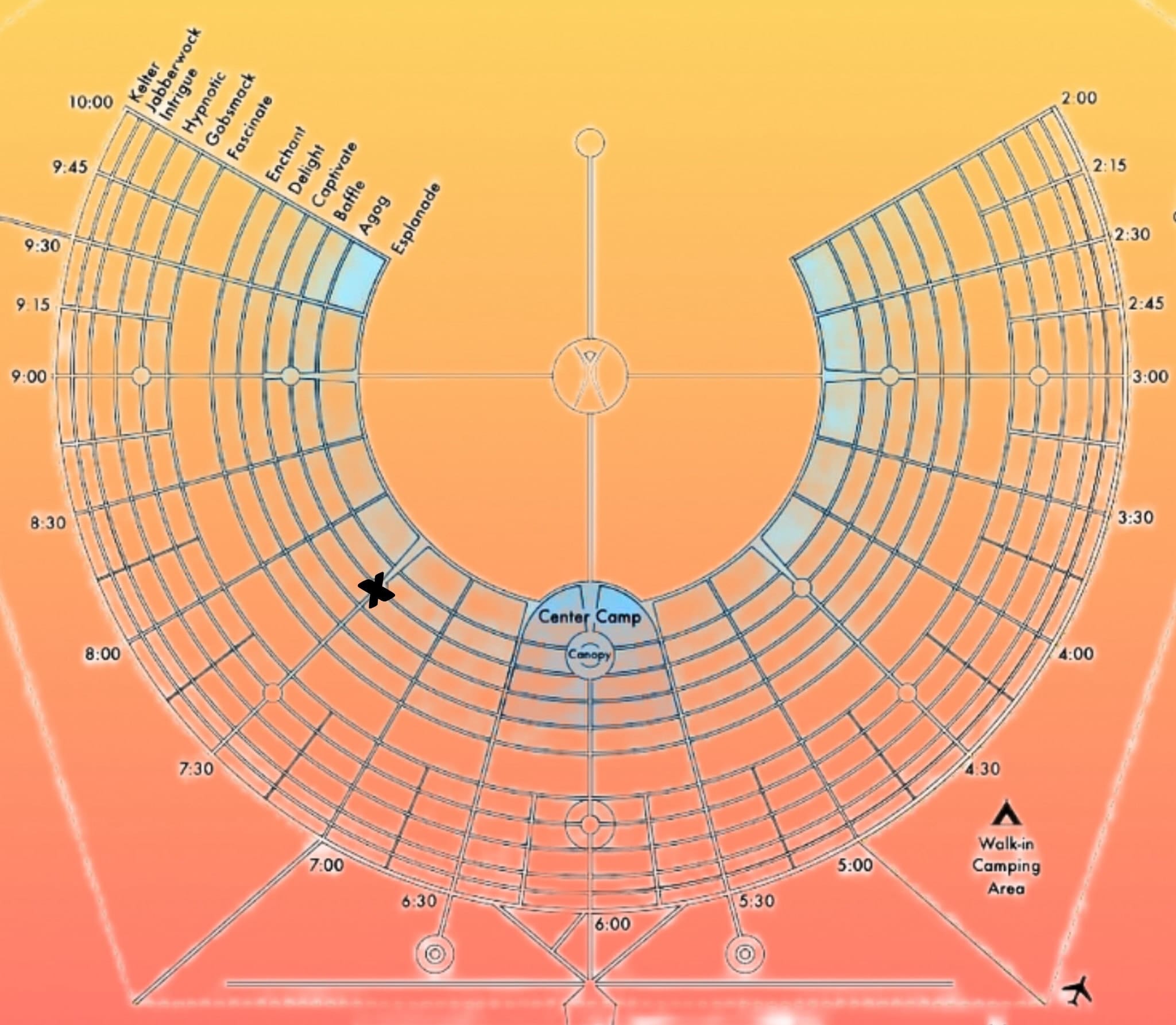 A bird's eye view of the map layout at Burning Man. Shows the radial streets and lettered streets forming circular rings around the Man structure in the middle.