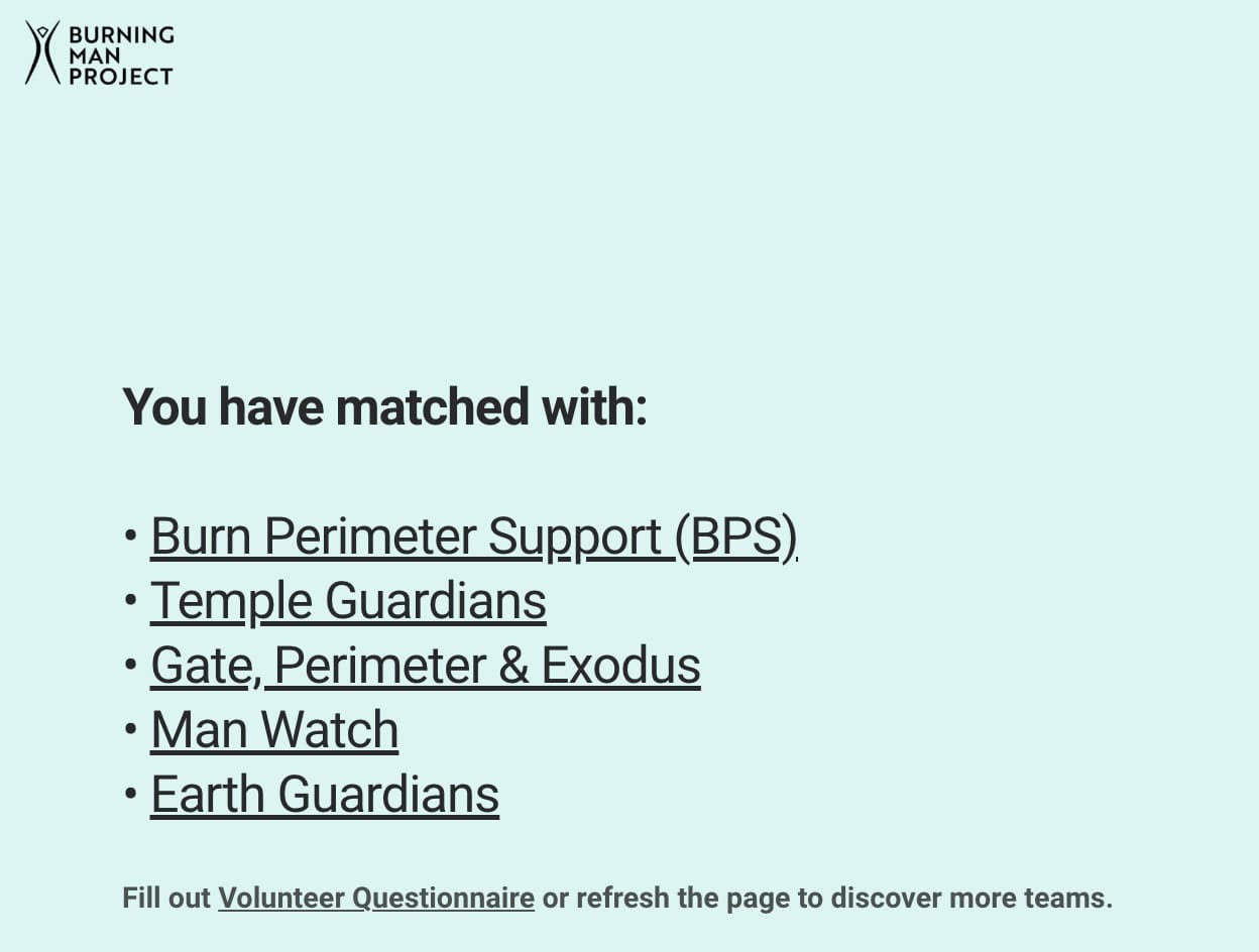 Screenshot of Tasha's quiz results from the Burning Man Volunteer Quiz showing which volunteer teams I would be a great fit for.