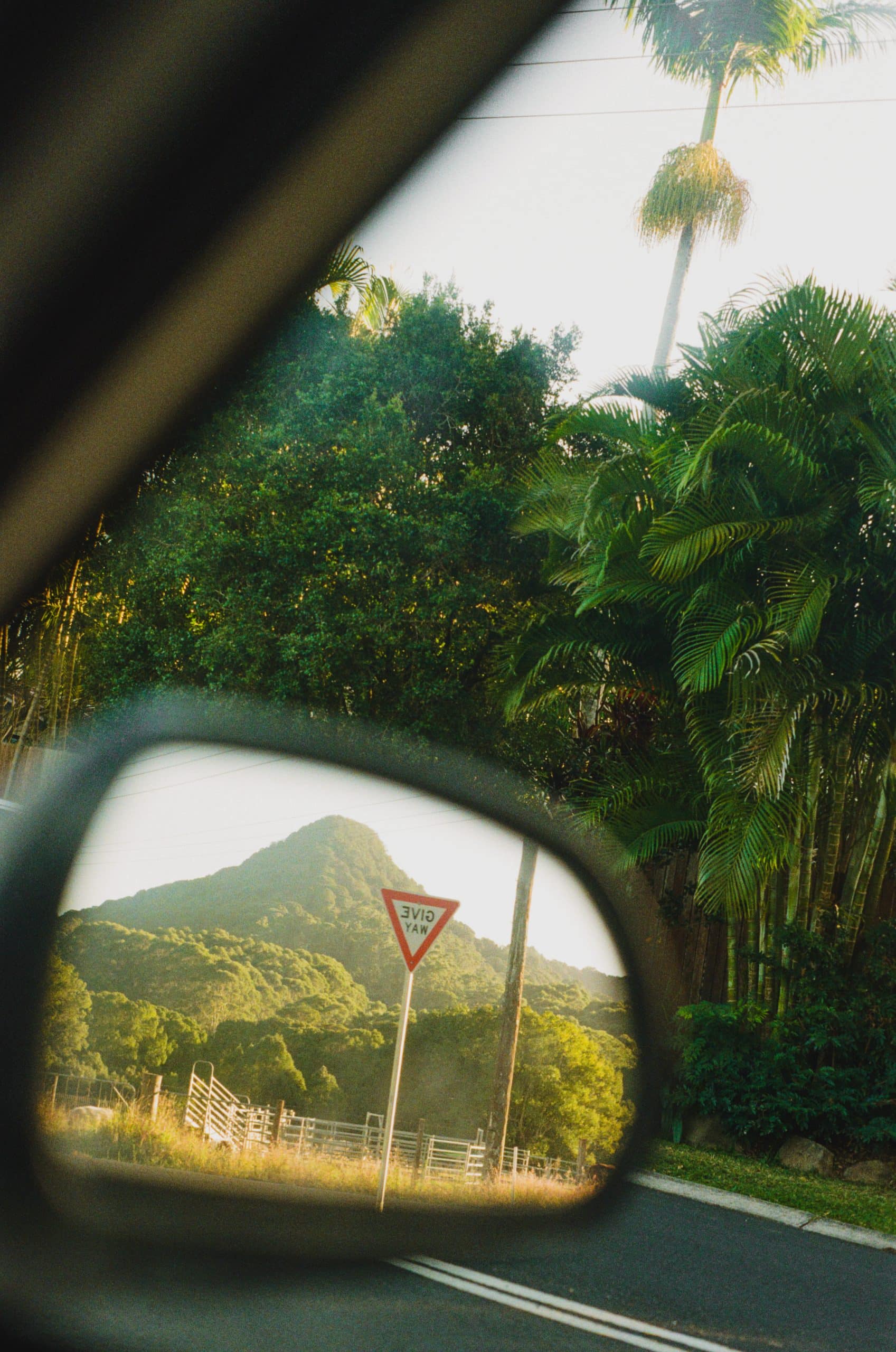 A side mirror of a car showing Mount Chincogan and a give way sign that appears backwards.