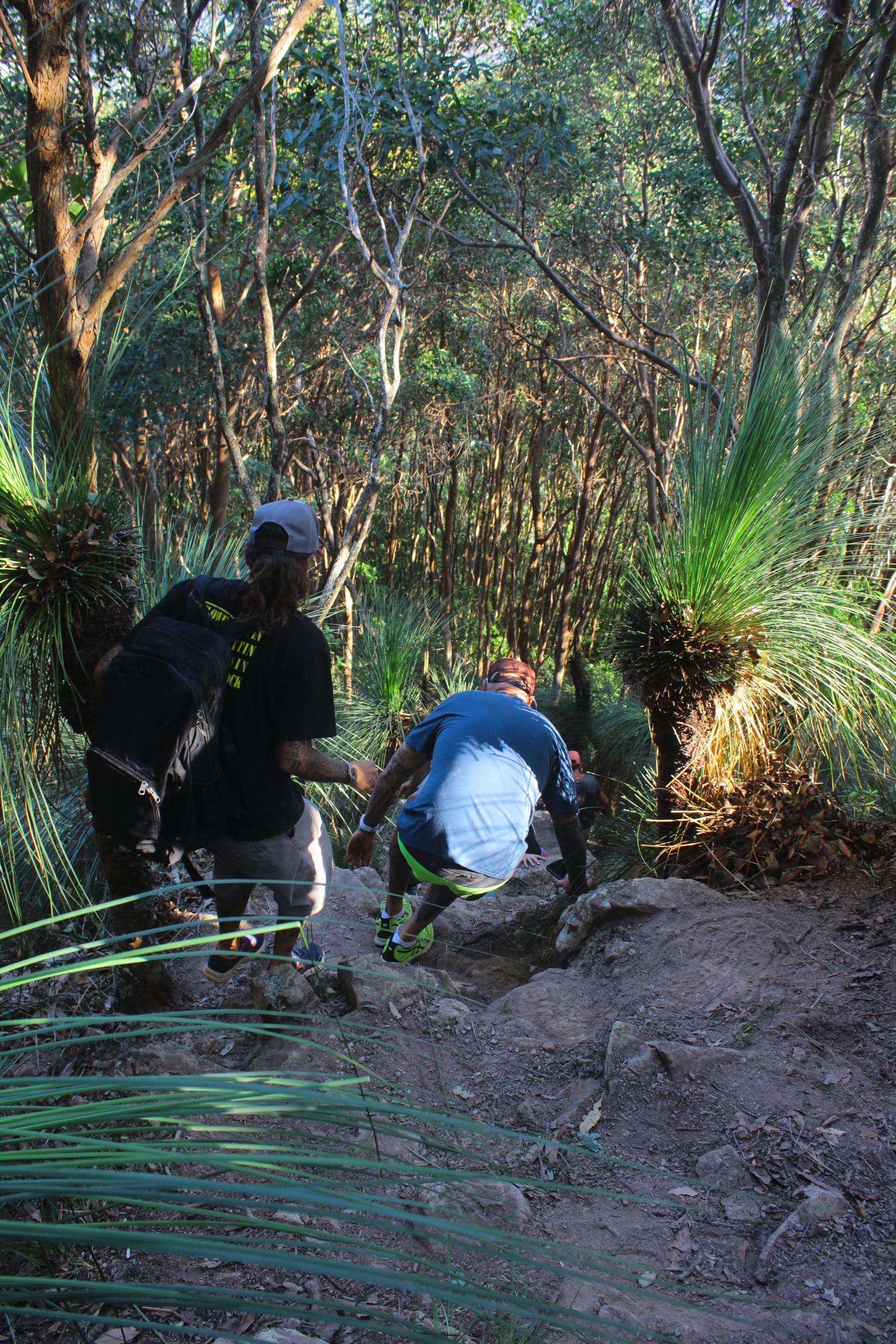Backs of a few people scrambling down rocks going down Mount Chincogan.